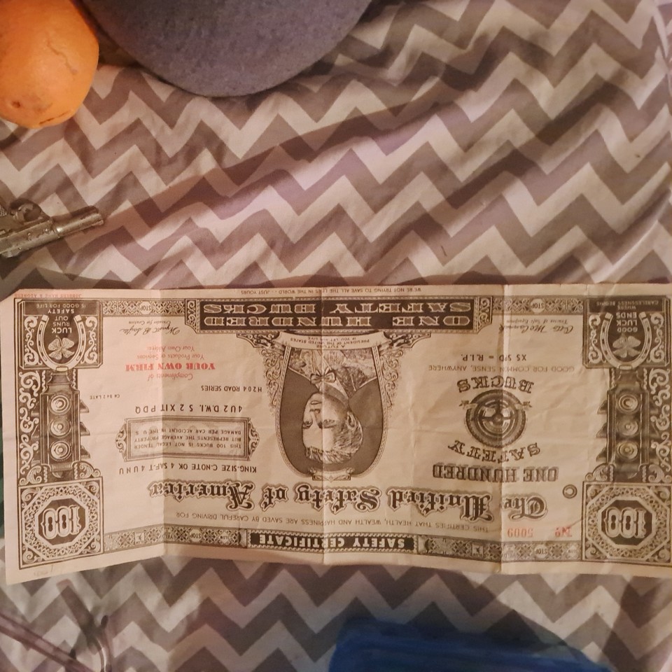 Genuine 1955 promo 'Safety Bucks' from a lumber company — fake money as workplace humor is a brilliantly specific slice of mid-century Americana.