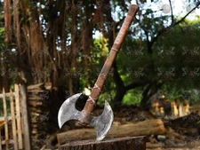 Custom Double Headed Viking Axe|Hand Forged Carbon Steel Axe with Leather Sheath