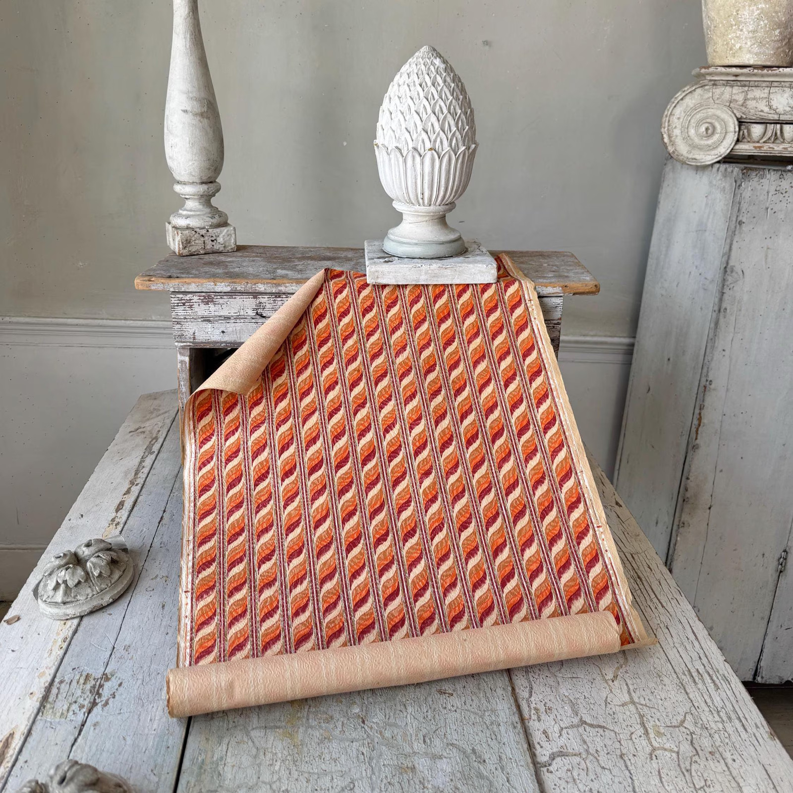 1yd Vintage French Wallpaper Stripe Pattern Warm Red Orange Cream Gold Paper Wa