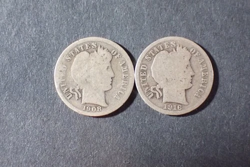 A Lot of two silver Barber dimes dated 1908S 1916S  Good+ Cond set RGR 504