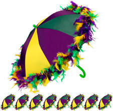 Mardi Gras 8 Pack 16" Feather Umbrellas in Purple, Green  Gold Set