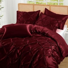 5 Pieces Satin Pintuck Duvet Cover Set Silky Like Burgundy Pinch Pleat Duvet