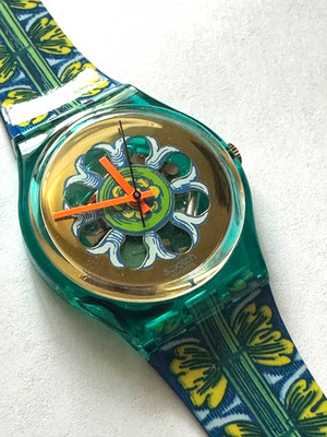 SWATCH WATCH 1993 TRANSPARENT FACE, ORANGE HANDS, GREEN & GOLD COLLECTABLE!