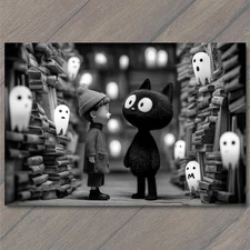 POSTCARD Black Cat Boy Ghost Library Monochrome Whimsical Haunted Bookstore Magi