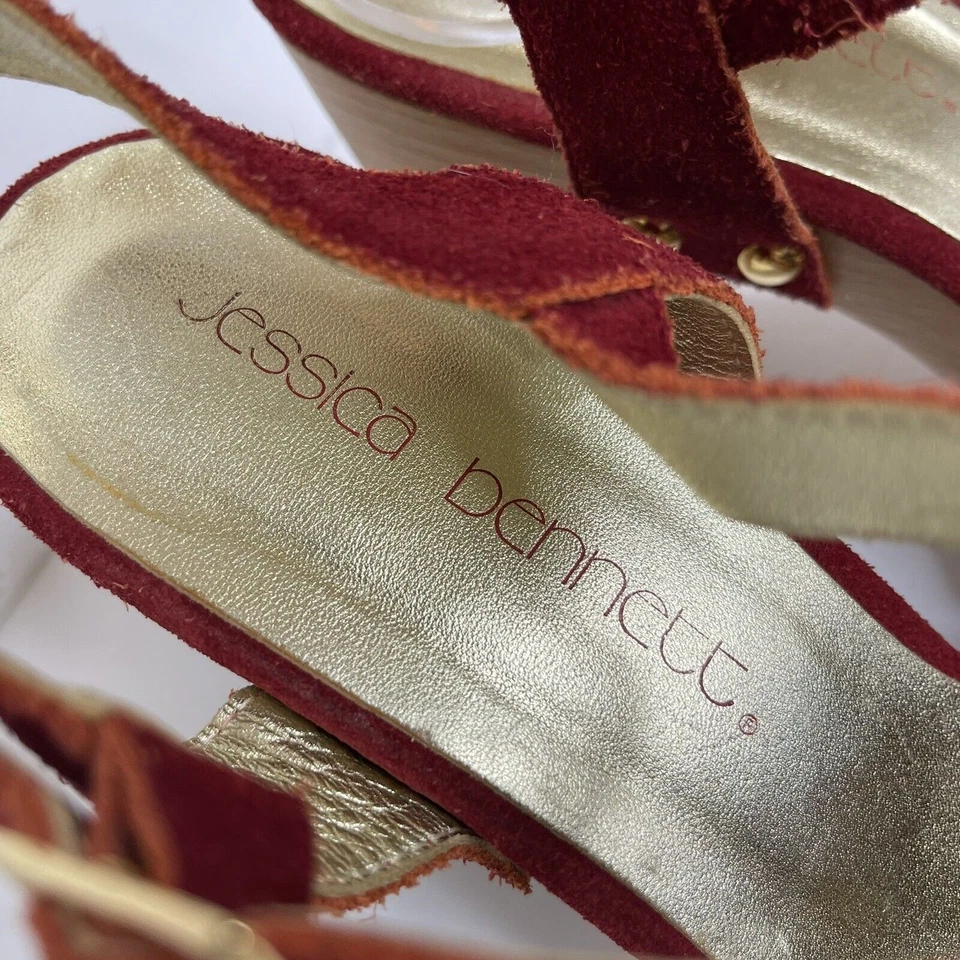 JESSICA BENNETT Mujer Rojo Gamuza Tirantes Grueso Tobillo Correa Tacones Retro Años 70 7.5 Foto 4 de 4