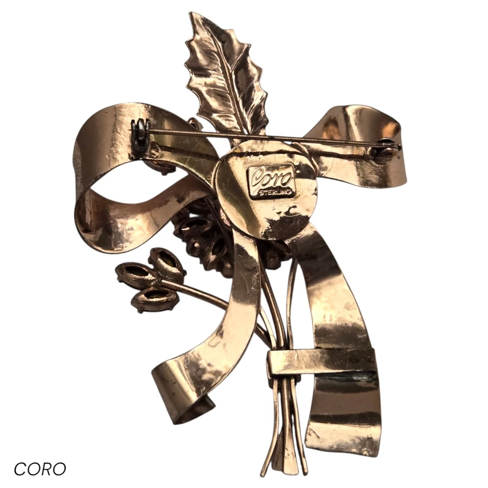 book piece 1940s CORO STERLING ROSE GOLD RHINESTONE Flower PIN - Image 4 of 4