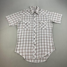 Vintage Wrangler Western Shirt Mens Medium Beige Plaid Pearl Snap Cowboy USA 70s