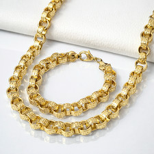 Mens 12mm Patterned Belcher Chain Necklace And Bracelet Set 18k Gold Layered