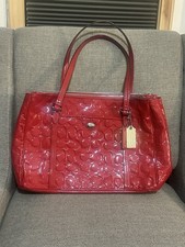 Coach Red Patent Leather Embossed Logo Large Tote Double Handles