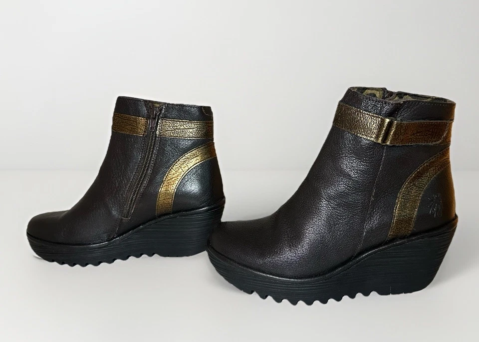 FLY LONDON Women Chocolate Brown Yado Leather Wedge Booties US 6.5-7 EU 37 WIDE - Image 2 of 4