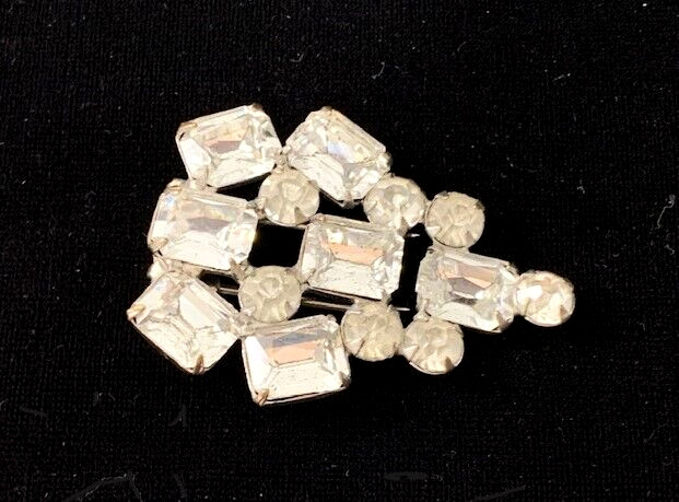 VTG Silver Tone Chunky Faceted Clear Rhinestone H… - image 1