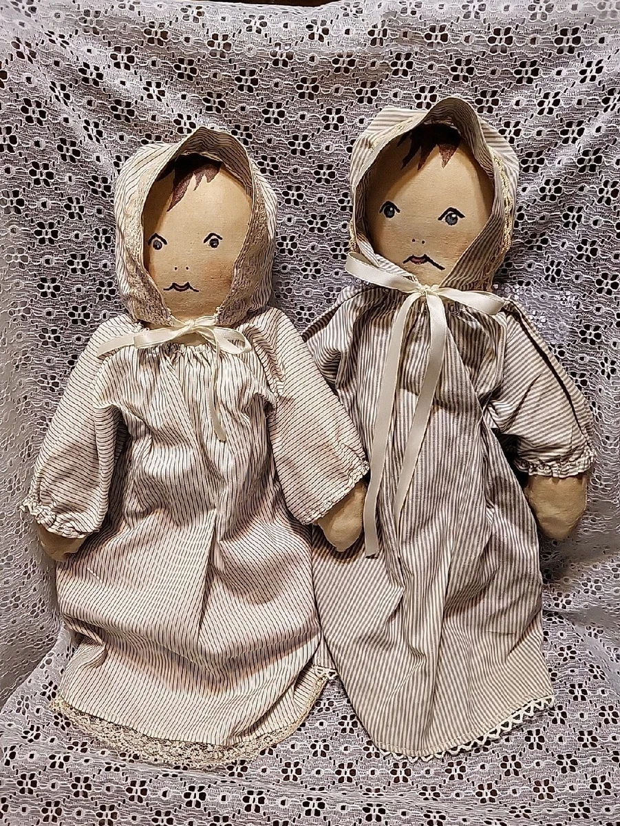 Pair of Vintage Primitive Rag Dolls Twins Cloth Fabric Hand