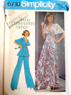 Dress Gown Top Pants 12 Simplicity 6710 Sewing Pattern UC Flutter Sleeve Tie VTG