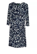 Lauren Ralph Floral  14 Moc Wrap Jersey Stretch Dress Abstract Print Blue Empire