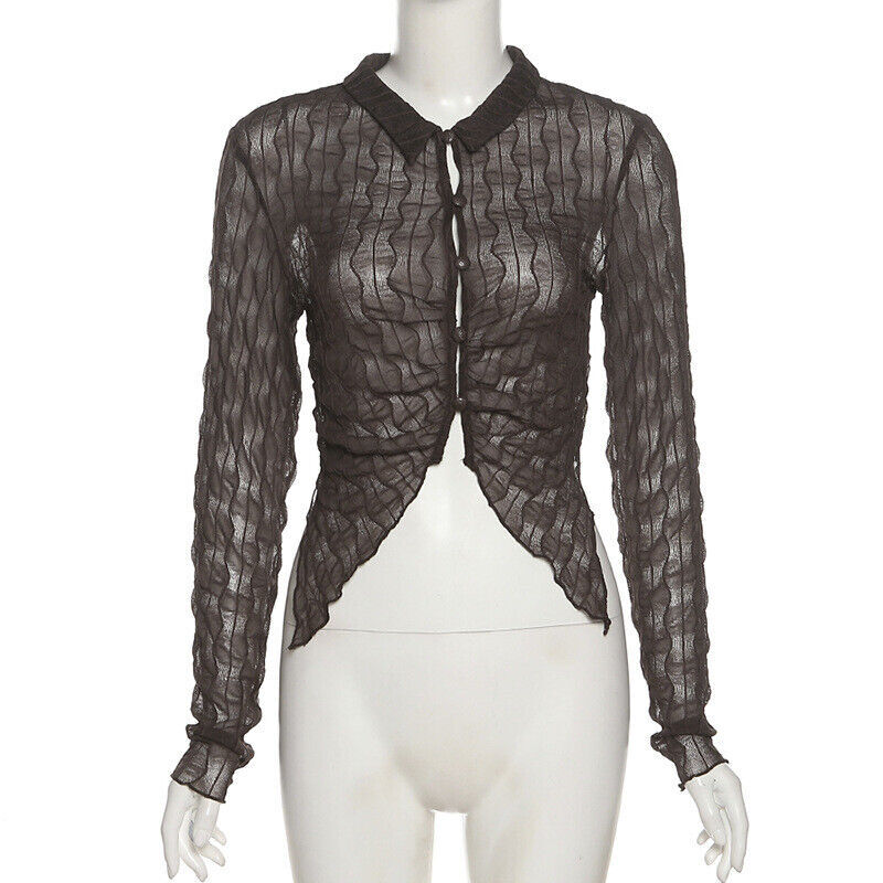 Women Slim Fit TShirt Ruffles Lapel Collar Solid Color Long Sleeves