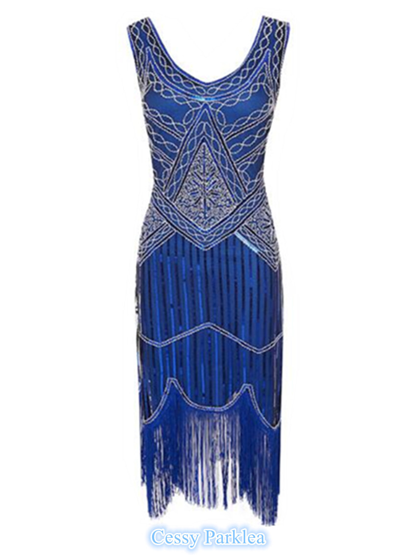 ZA2-2 Blue Ladies 1920s Roaring 20s Flapper Gatsby Costume Sequins