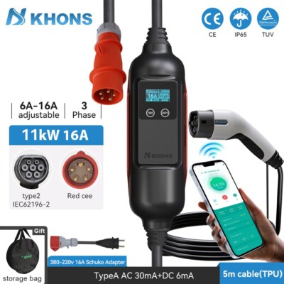 11kW E-Auto Ladegerät Typ2 Wallbox  APP WiFi/Bluetooth 5m mit 16A Schuko-Adapter
