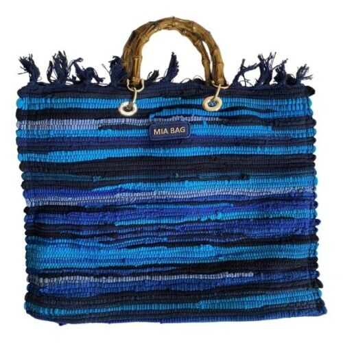 $250 MIA BAG Blue Cotton Large Bamboo Handles Tote Bag NEW