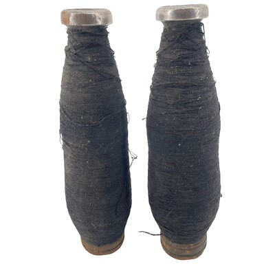 2 Vintage Industrial Textile Mill Wooden & Metal Thread Spools Black Thread 12''
