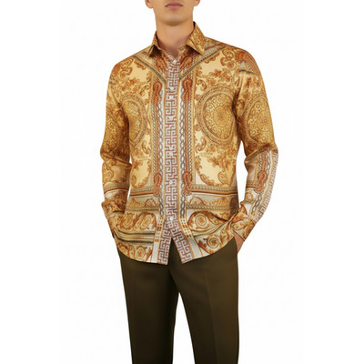 Men Sports Shirt PAZO by DE-NIKO Long Sleeves Medallion Print Soft DNK6903 Gold