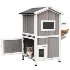 Cat House Indoor Outdoor Feral Cat Shelter Kitty House with Escape Door, Gray