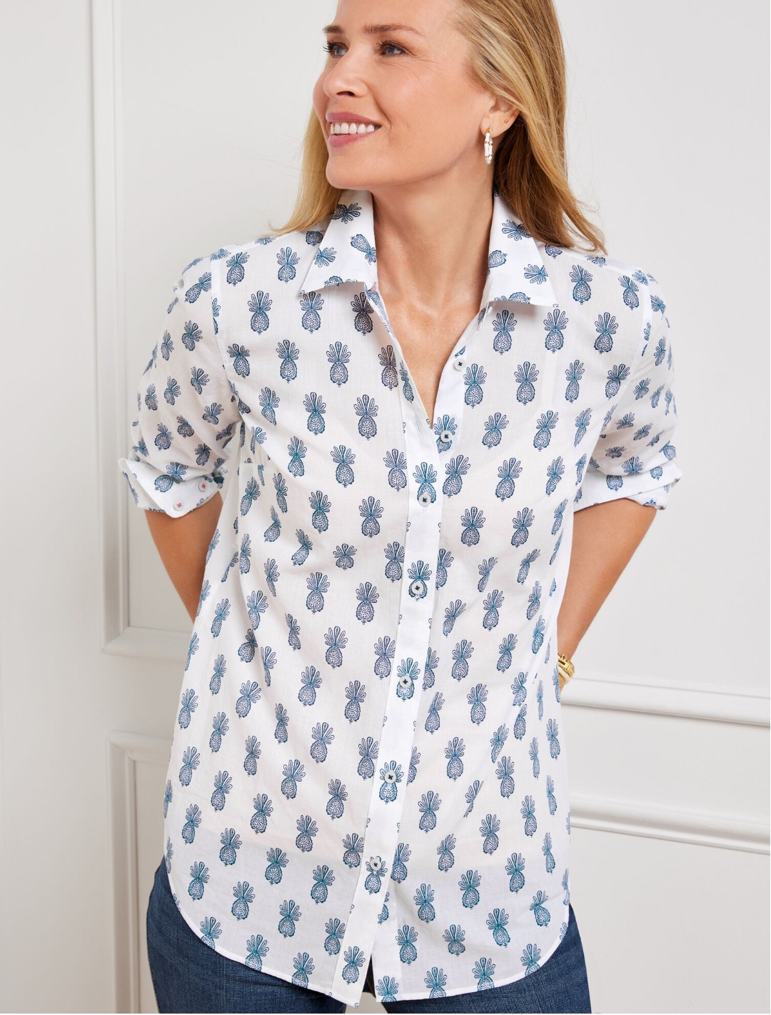 Talbots Size M Blouse Pineapple Medallion Lightweight Button Up Cotton Chic