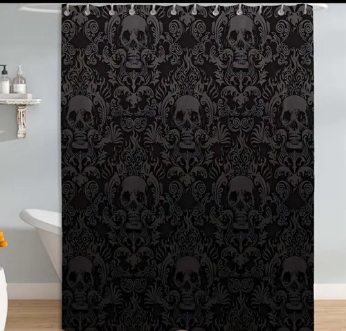 Nuova tenda doccia nero e grigio teschio Halloween gotico scuro orribile strano - Foto 4 di 6