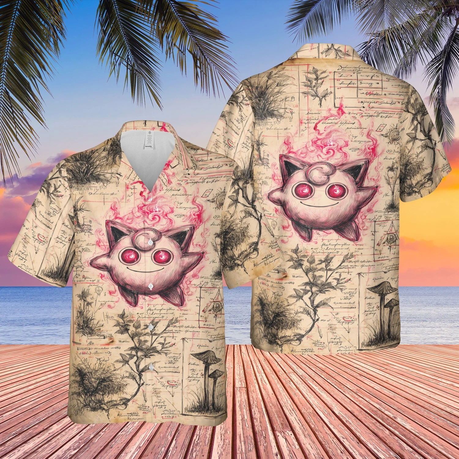 Mythical Pink Fairy Creature Aloha Shirt - Ancient Mushroom Scroll Graphic Print
