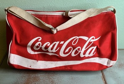 Vintage Coca Cola It s The Real Thing Canvas Barrel Bag & Pop Up Hand Fan Lot