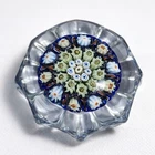 Vintage Millefiori Art Glass Paperweight Faceted Blue Floral Cane Murano Style