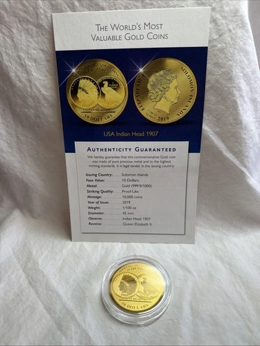 10 Dollar $10 Solomon Island 1/100 Oz Gold 999 24ct USA Indian Head 1907 Coin