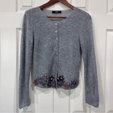 Isa Hoss Gray Embroidered Floral Button Up Cardigan Sweater