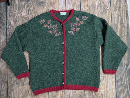 Vintage Equorian Hand Knit Cardigan 100% Shetland Wool Green Floral Womens Large