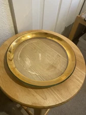 ANNIE GLASS GOLD RIM SMALL ROUND SERVING DISH 8 1/2” DIAMETER VINTAGE VERY NICE!