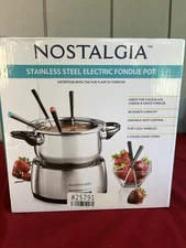 NOSTALGIA Stainless Steele Electric Fondue  Pot. 48oz With Variable Heat & Forks