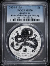 2024-P125 $1 Australia 1 oz Silver Lunar Year of the Dragon PCGS MS 70