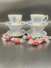 Myott Melody Fine Ironstone China Four Cup and Saucer Sets England Blue & White