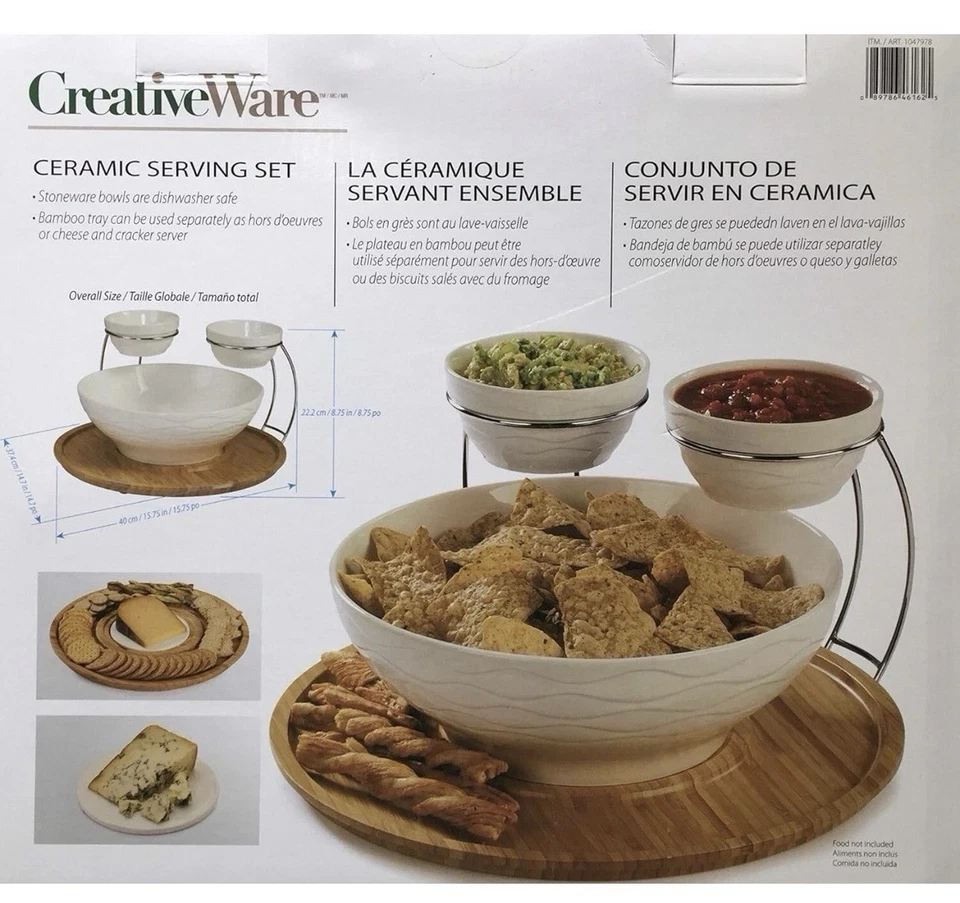 CreativeWare Wine & Dine Ceramic Serving Set w/Bamboo Tray (Cocktail Party) - Image 3 of 4