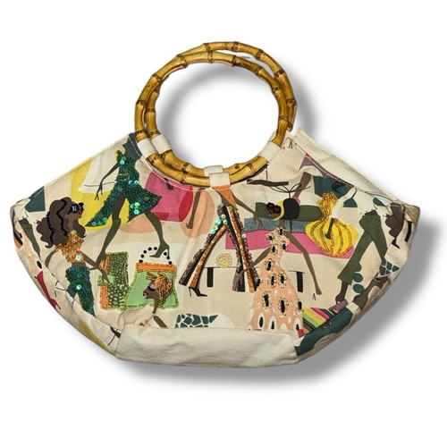 Vintage Bamboo Handle Canvas Tote Bag Retro Fashion Print Handbag Art - Image 1