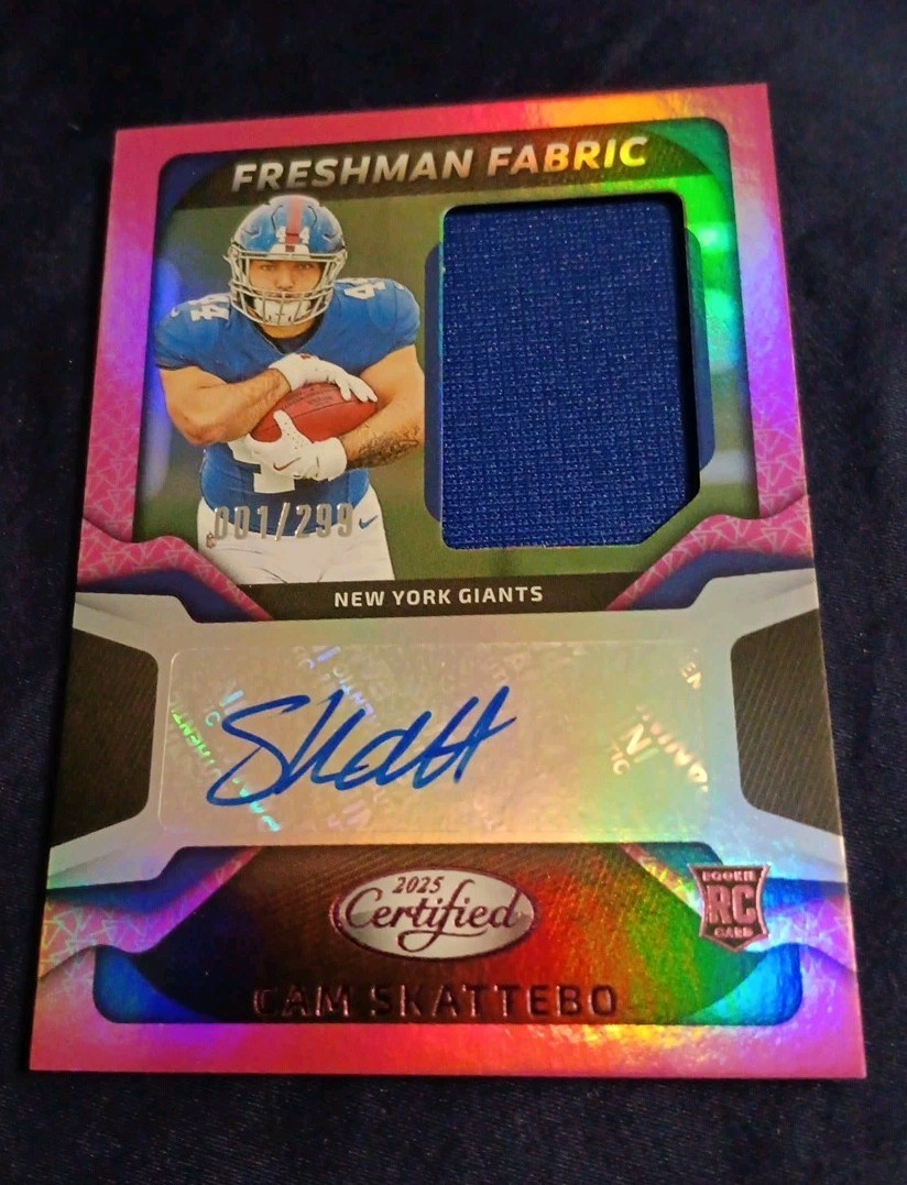 2025 Certified Cam Skattebo Freshman Fabric RPA Pink 1/299 Auto +BONUS CARDS