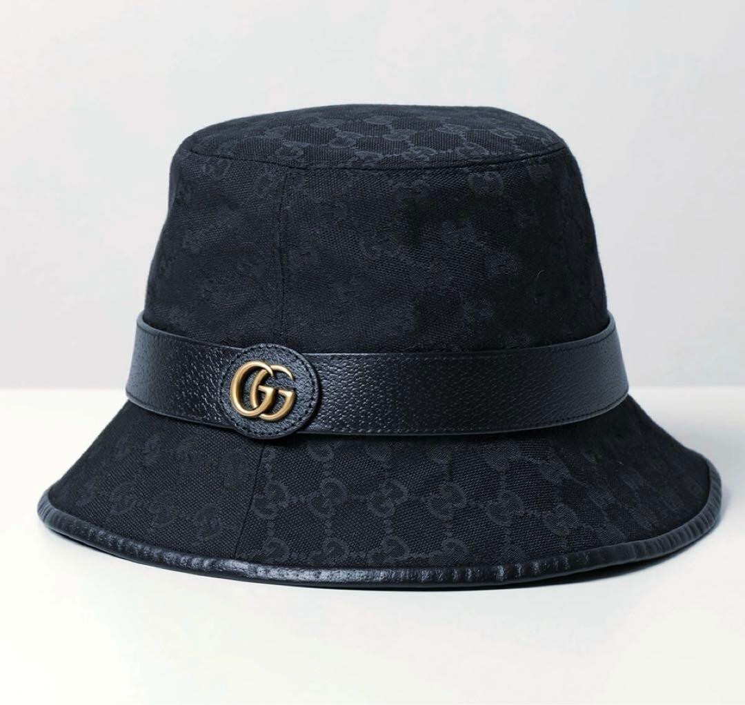 GUCCI GG Supreme Logo Bucket Hat Cap Men Size L Canvas Black