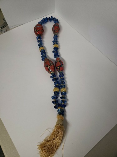 Unique Giant Glass Bead Statement Necklace Hand Blown Blue Red Knotted Tassel - Picture 4 of 12