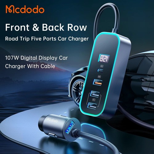 Mcdodo 107W Digital Display Car Charger With Extension Cord (4 USB + 1 Type-C) - Picture 2 of 6