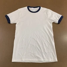 Port & Co Adult Size Small White Navy Trim Crew Neck Short Sleeve T-Shirt New