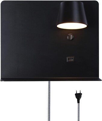 SUNLLOK LED Wall Sconce With USB Port & Shelf - Adjustable Reading Light, Warm White, Plug-In Design