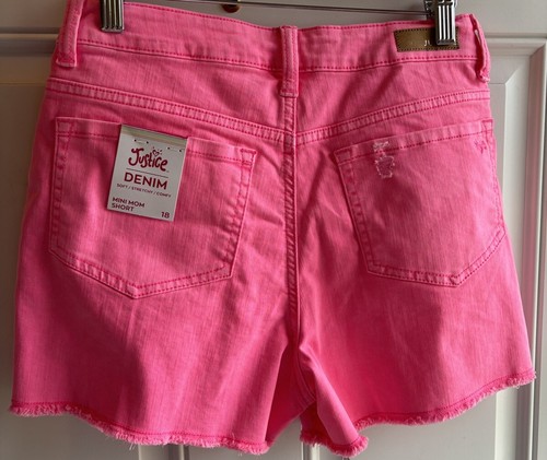 JUSTICE Denim Jean Sz 18 Mini Mom Hot Pink Distressed & Frayed Bottom Hem Shorts - Picture 2 of 4