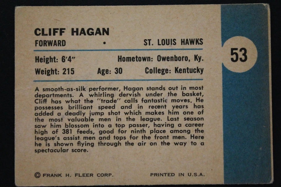 Cliff Hagan HOF St Louis Hawks Kentucky Signed 1961 Fleer #53 Basketball Card  - Image 2 of 2