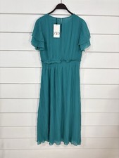 Zara Women midi Short Sleeve Pleated Dress Turquoise LARGE L Turquoise Y581C