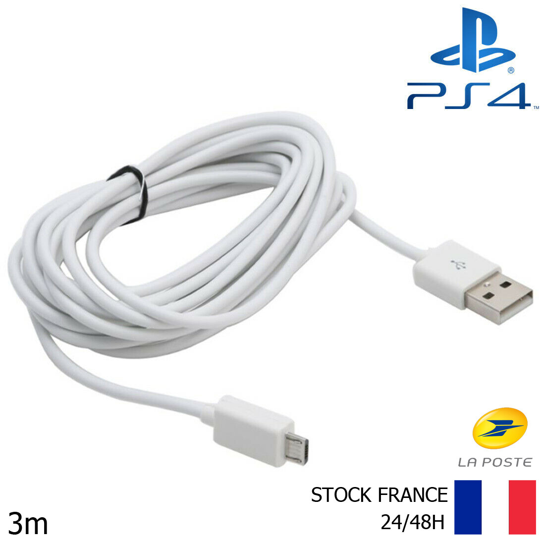 Manette PS4 dechargee ? Utilisez ce cable USB 3 metres blanc pour recharger