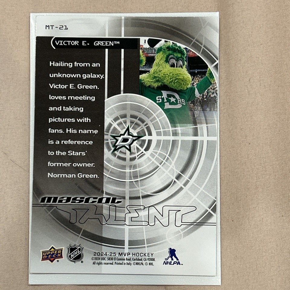 20242025 Upper Deck MVP Hockey Victor E Green Mascot Talent MT21